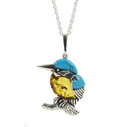 Silver Baltic amber and turquoise kingfisher pendant necklace, stamped 925