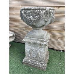 Three section cast stone garden figure of a boy carrying fishing net and a satchel with a water feature together with a cast stone planter on plinth - THIS LOT IS TO BE COLLECTED BY APPOINTMENT FROM DUGGLEBY STORAGE, GREAT HILL, EASTFIELD, SCARBOROUGH, YO11 3TX