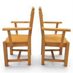 Contemporary solid oak dining table, and set of eight chairs, rectangular plank top with chamfered edges, raised on square supports