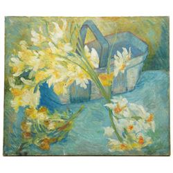 Follower of Vincent Van Gogh (Dutch 1853-1890): Still Life of Flowers in a Basket, oil on canvas unsigned 51cm x 61cm (unframed)