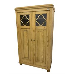 19th century pine double cupboard, fitted with frosted glass doors