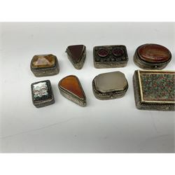 Collection of Eastern white metal snuff boxes, of various form, a number with inset hard stones to the hinged covers, largest example L5.5cm