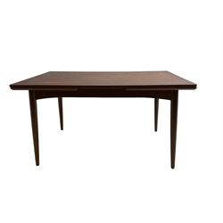Gudme Mobelfabrik - mid-20th century Danish teak extending dining table, rectangular top with shaped frieze, raised on tapering supports