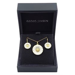 Silver-gilt white enamel daisy pendant necklace and matching pair of pendant earrings by Georg Jensen