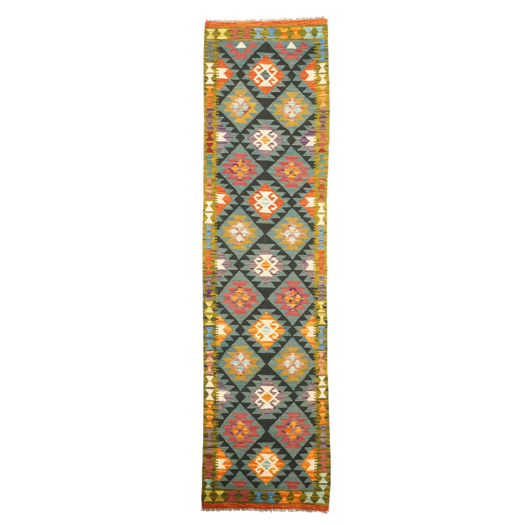 Afghan Chobi kilim flatweave runner rug, the central field decorated with geometric lozenge motifs on a teal ground, the olive guard band with repeating triangular motifs in contrasting colours