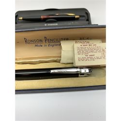 A group of pens, comprising Parker Duofold Centennial pearl and black ballpoint pen, Parker Frontier ballpoint pen, Ronson Penciliter, in original box, Parker Rialto fountain pen, and a further unmarked ballpoint. (5). 