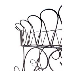 Mid-20th century wirework garden planter, oval form with heart shaped centre, under-tier shelf above scrolling feet