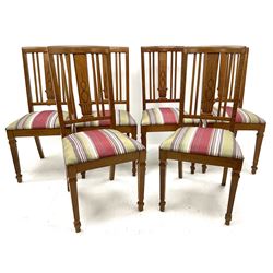 Set of six early 20th century oak dining chairs, carved splat, upholstered drop in seat, square tapering fluted supports 