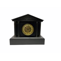 A late 19th century Belgium slate mantle clock with a French 8-day rack striking movement striking the hours and half hours on a coiled gong, in an architectural case with a scene from Greek mythology in the tympanum, case on a bevel edged plinth with incised decoration, the dial flanked by two pairs of recessed reeded columns with capitals, ivorine dial with Arabic numerals and a recessed gilt center, fleur-de lise steel hands with a brass bezel and flat bevelled glass.   With Key and pendulum.