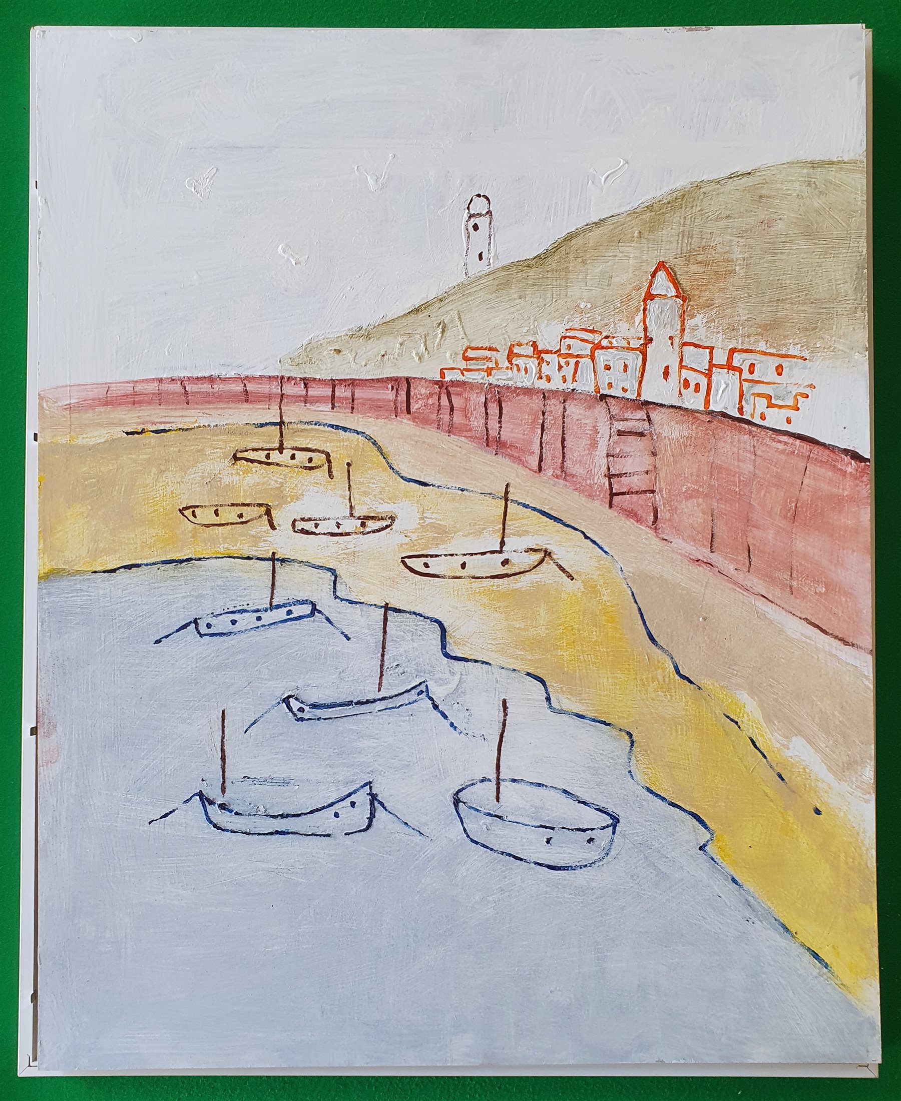 David Barrow (Northern British 1959-): 'The Pier', oil on canvas with cut-out relief laid on board signed, titled and dated December 2014 on artist's studio label verso 40cm x 30cm

