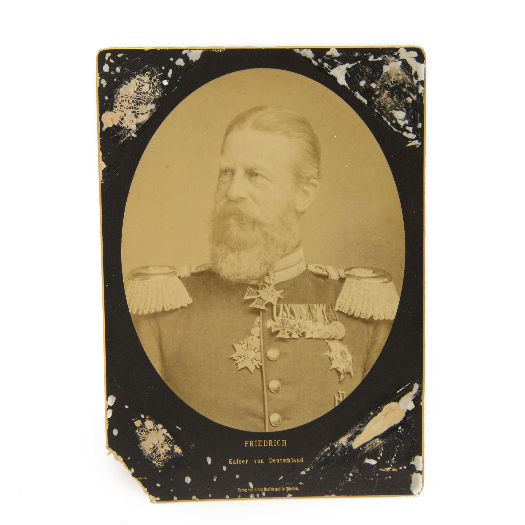 Imperial German oval shaped framed black and white print of Friedrich Kaiser Von Deutschland in military dress, together with gilt wall bust of the kaiser, bust H20cm  
By vendor repute, these items were part of the M. Forman Archive and were exhibited in the Dungeon (Curfew Tower) Windsor castle in the 1980's, the exhibition was opened by Her Majesty Queen Elizabeth II