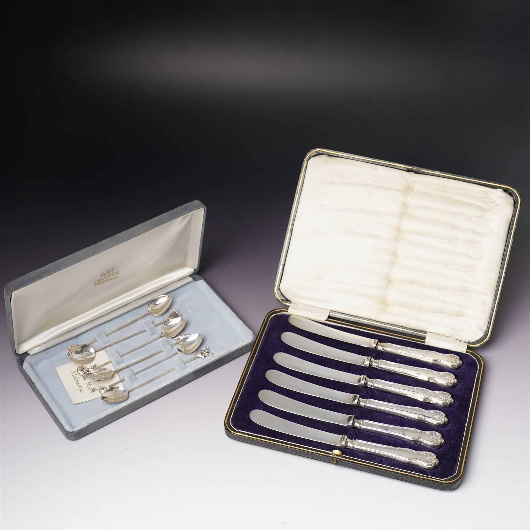 Set of six Australian silver coffee spoons each with a different terminal including Koala, Emu etc, Melbourne mint, cased and a set of six silver handles pastry knives, cased