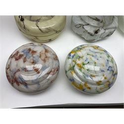 Six Art Deco glass fly catcher light shades, including marbled, mottled and frosted glass examples, largest D31cm