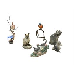 Two Lladro cat figures, comprising Cat and Mouse no 5236 and Kitty Confrontation no 1442, together with Royal Copenhagen cat and three other figures 