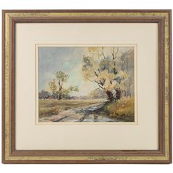 Pat Newton (British 20th century): 'Winter in West Norfolk' and 'The Farm in Winter', pair of acrylics signed, titled on label verso, in matching frames 19cm x 24cm; George 'Griff' Griffiths (British 1939-2017): 'Arthington Bank', watercolour signed, titled and dated 1977 on label verso 24cm x 16cm (3)