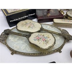 Pair of silver blue lace agate earrings, sick and hat pins and other costume jewellery, together with embroidered dressing table set, two lacquered jewellery boxes and other ceramics