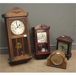  Early 20th century oak cased wall clock, 20th century stained beech wall clock, Art Deco oak cased mantel clock and another mantel clock  