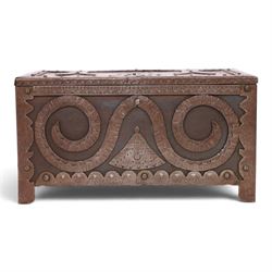 Late 19th/early 20th century vernacular iron box, the hinged cover and sides with applied ...