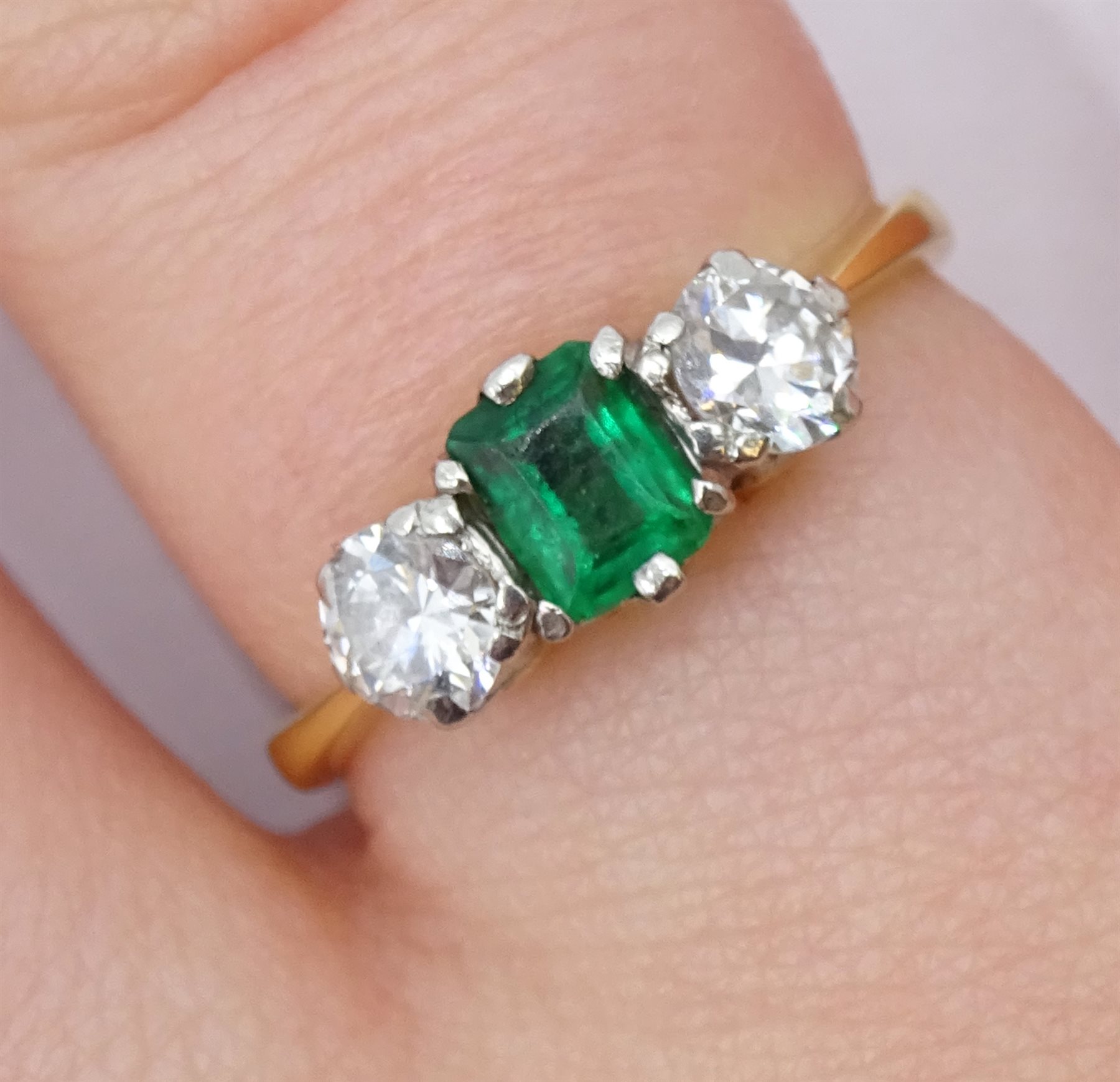 18ct gold emerald and round brilliant cut diamond ring, total diamond approx 0.40 carat