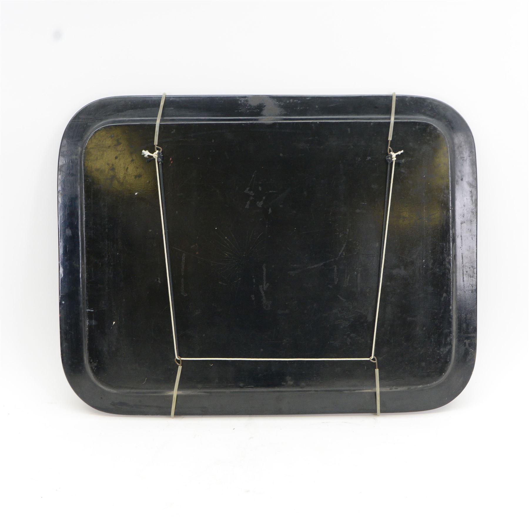 Large 19th century black lacquered papier-mâché tray, of rounded rectangular form, painted in gilt with floral sprays and butterflies, W77cm D58.5cm