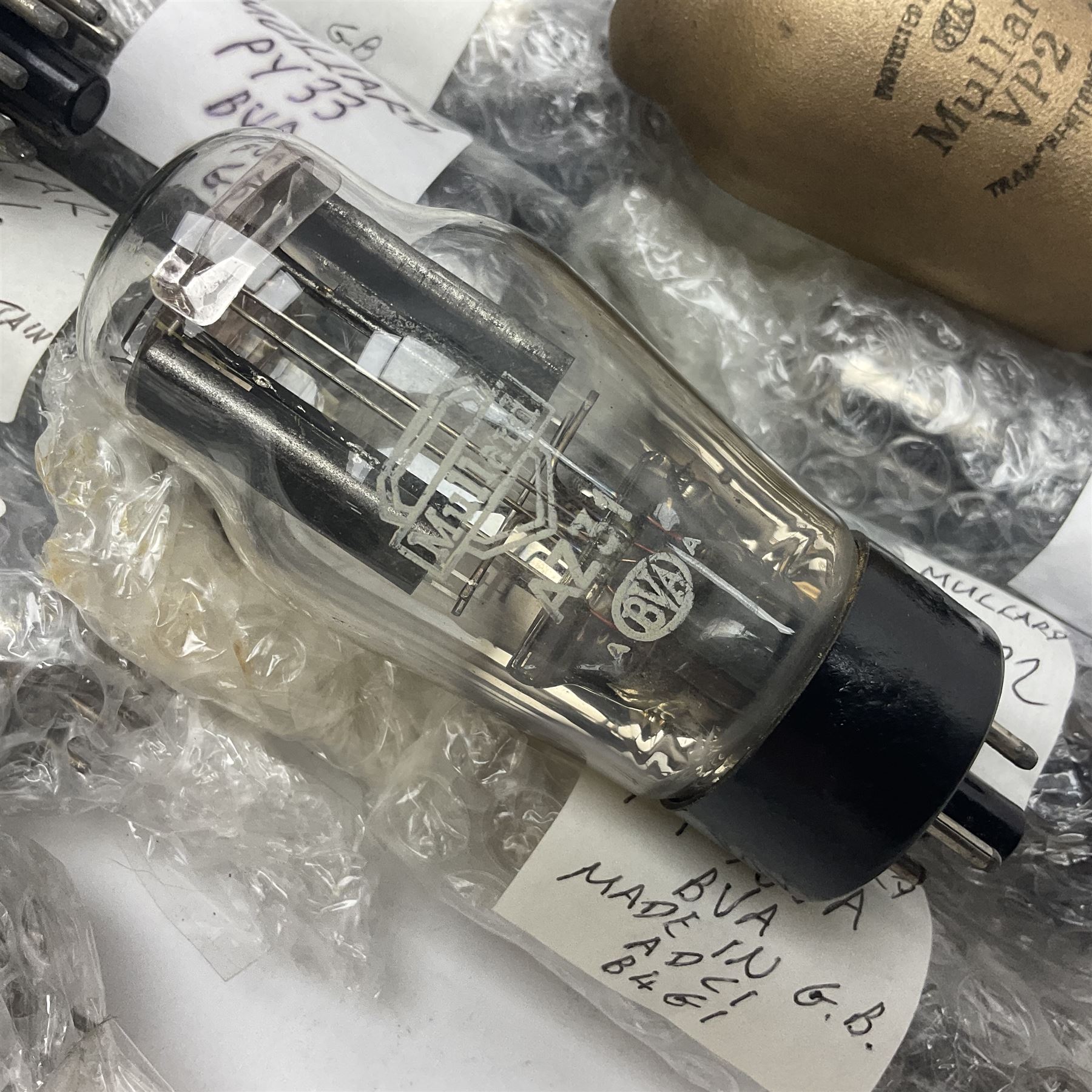 Collection of Mullard thermionic radio valves/vacuum tubes, including VP2, AZ31, PZ30, CY1, EL38 etc approximately 30 as per list, unboxed