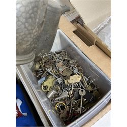 Quantity of vintage watch straps housed on original cards, pewter, various keys, cased hunting knife carved with an eagle in box, etc