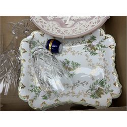 Bradford Exchange 'Shakespearean Lovers' collectors plates, continental figures, Royal Doulton and Dartington Crystal glassware and other ceramics and collectables, in three boxes