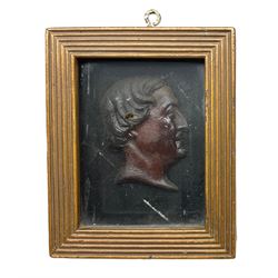 19th century wax relief portrait, depicting the head of a gentleman facing dexter, contained within a reeded box frame, overall H14cm W11.5cm