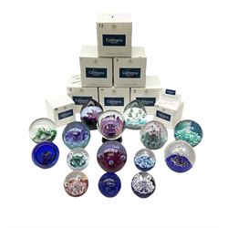 Fifteen Caithness paperweights, to include Aquamarina, Starlight, Moonflower, Once Upon a Time, Dewdrop Orchid, miniature moonflower etc, with some original boxes 