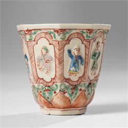 Pair of Chinese Kangxi period Blanc de Chine octagonal 'Immortals' beakers, Dehua, enamelled in Europe, Shi Zhongtun mark to base, H6.5cm (2)