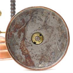 Pair of Arts and Crafts brass and copper candlesticks after a design by Dr Christopher Dresser with bobbin turned hardwood handles on domed weighted bases Rd No.5379 H19cm