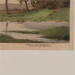 Winston Megoran (British 1913-1971): 'Autumn', coloured etching signed and titled on pencil, 29cm x 34cm; Joseph Frank Pimm (British 1900-1979): 'Derwent Water', coloured etching signed and titled in pencil 25cm x 35cm (2)