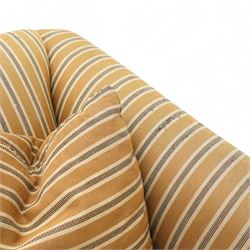 Chippendale design hardwood-framed settee, arched back over rolled arms and serpentine seat, upholstered in striped fabric, on shell and foliate carved cabriole supports with scrolled terminals, together with matching scatter cushions 