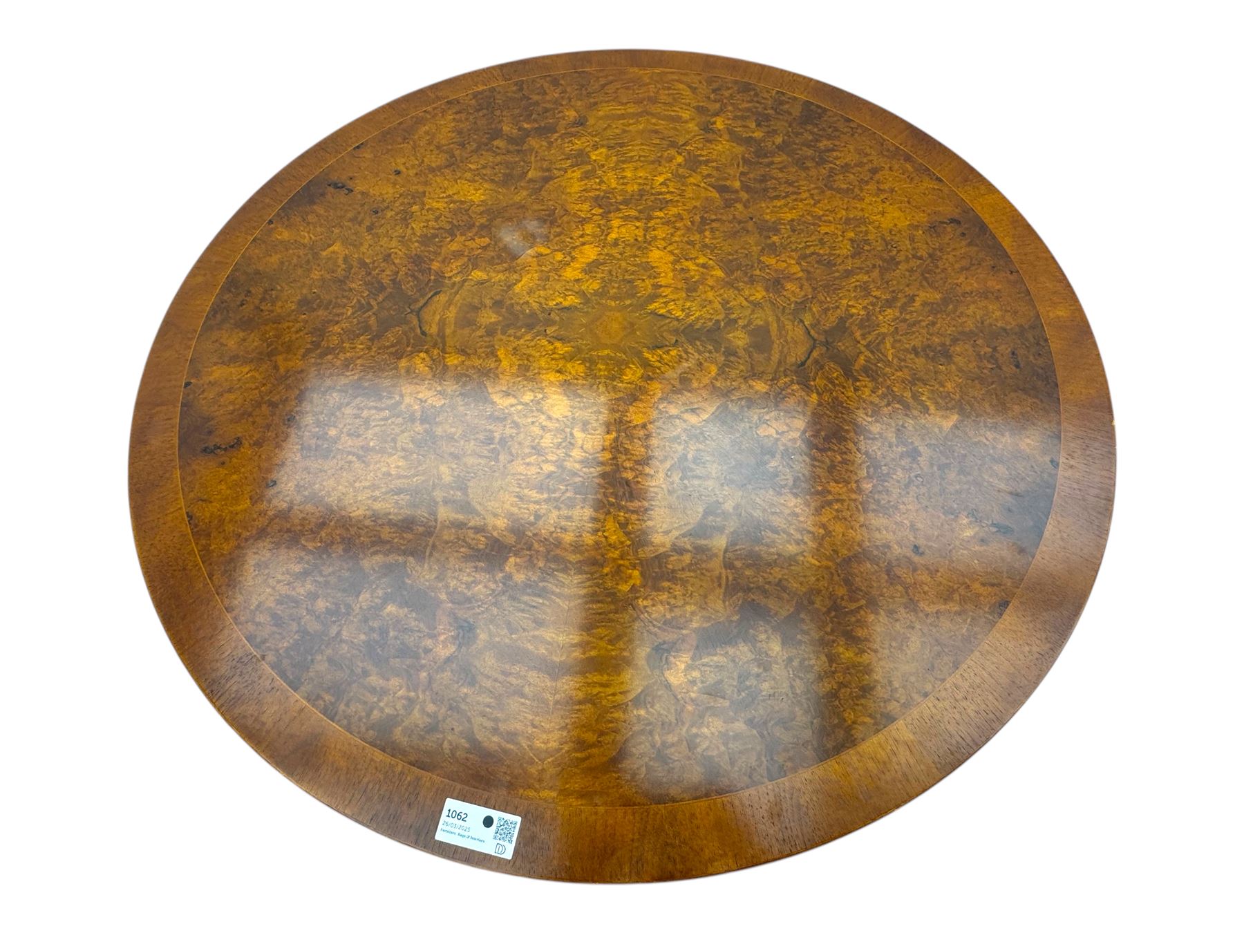 Ian Smith Furniture - Georgian design walnut centre table, the circular banded top with fluted edge, supported by a turned pedestal base with four splayed supports, each terminating in brass castors with claw caps; set of four mahogany dining chairs each with pierced vase-shaped splats and upholstered seats