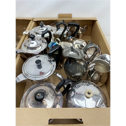  A large group of assorted silver plate, to include assorted teapots, milk jugs, two toast racks, cake stand, muffin dish, etc.   