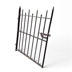 19th century wrought iron hand gate, with hinge loops and latch, square diamond fit rails, pointed finials
