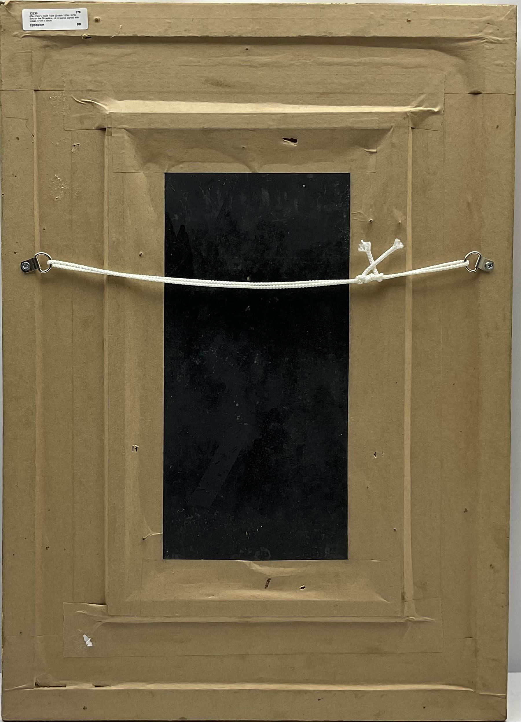 After Henry Scott Tuke (British 1858-1929): Boy on the Shoreline, oil on panel signed with initials 37cm x 20cm