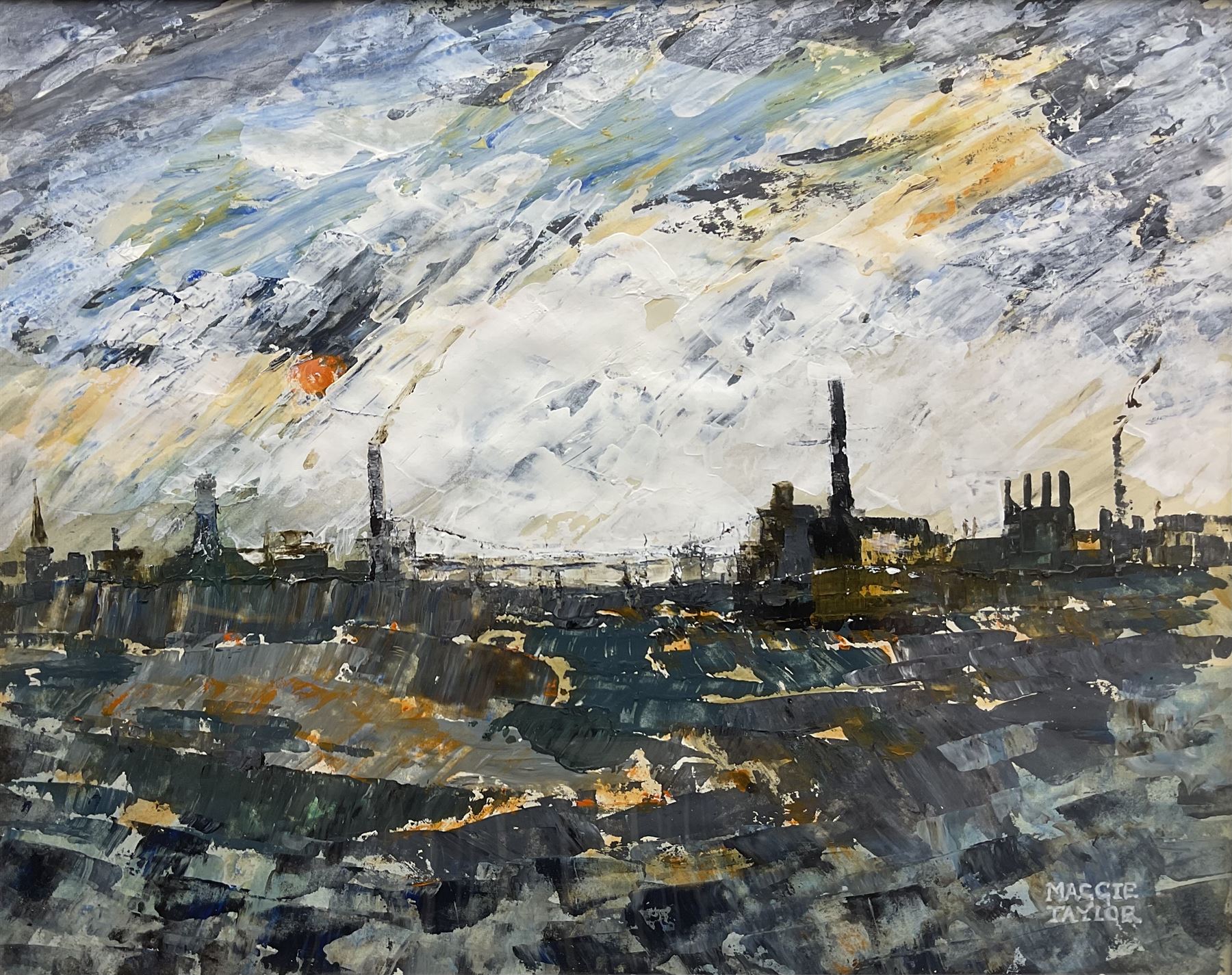Maggie Taylor (British 1962-): Northern British Industrial Cityscape, oil on board signed 29cm x 37cm
