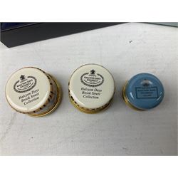 Group of seven Halcyon Days enamel boxes, each with affectionate inscriptions, including 'Wild about you', 'Don't ever change', 'Love you a bunch', etc., in six fitted boxes  