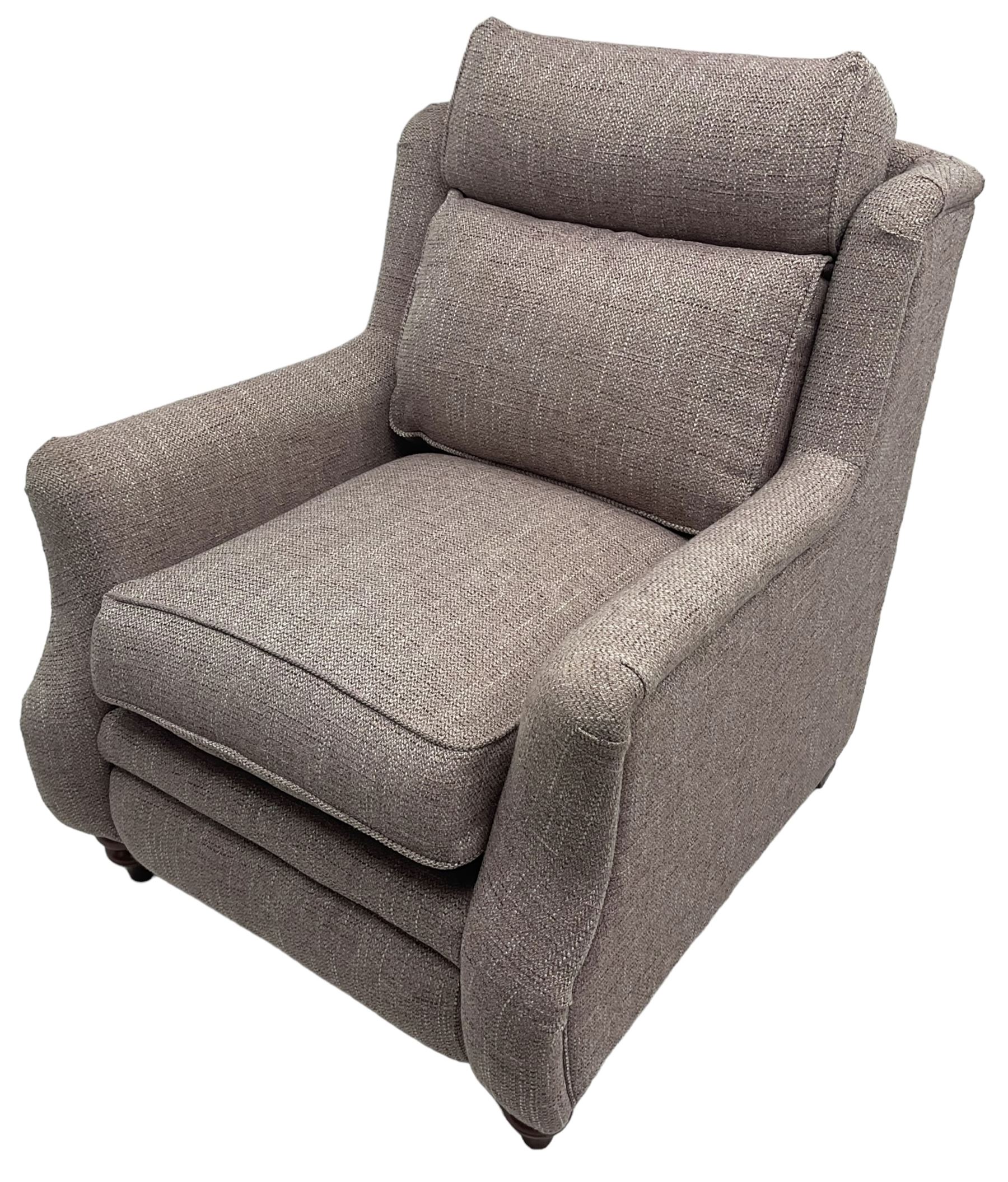 Parker knoll -  'Newbury' two-seat sofa (W148xm, H103cm, D100cm); and matching armchair with electric rising footrest (W85cm); upholstered in lavender fabric 