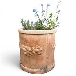 Pair of terracotta circular planters, bark design cast stone two branch bird bath, two small circular stone planters, and three composite circular planters (8)