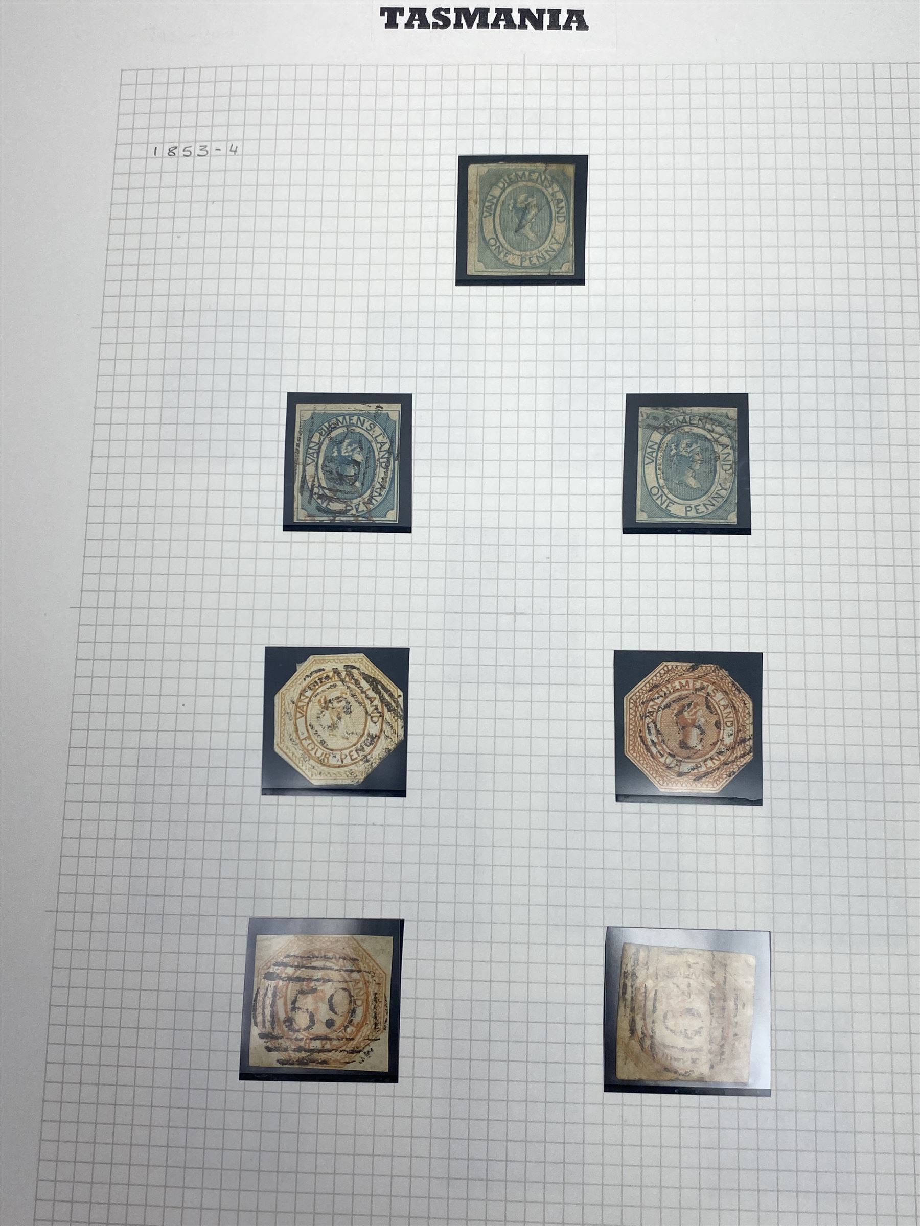 Van Diemen's Land (Tasmania) Queen Victoria and later stamps, including 1853-4 one penny and four penny stamps, 1855 two pence and four pence, 1856 one penny, 1857 various values, 1864-80 various perf issues etc, housed on pages