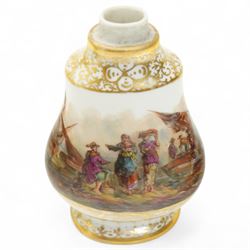 Helena Wolfsohn Dresden porcelain quatrefoil teacup and saucer, decorated with panels of figures and floral sprays on a black ground, marked to base, together with a flask with painted scene of travellers in a port, indistinct continental mark to base, flask H12cm