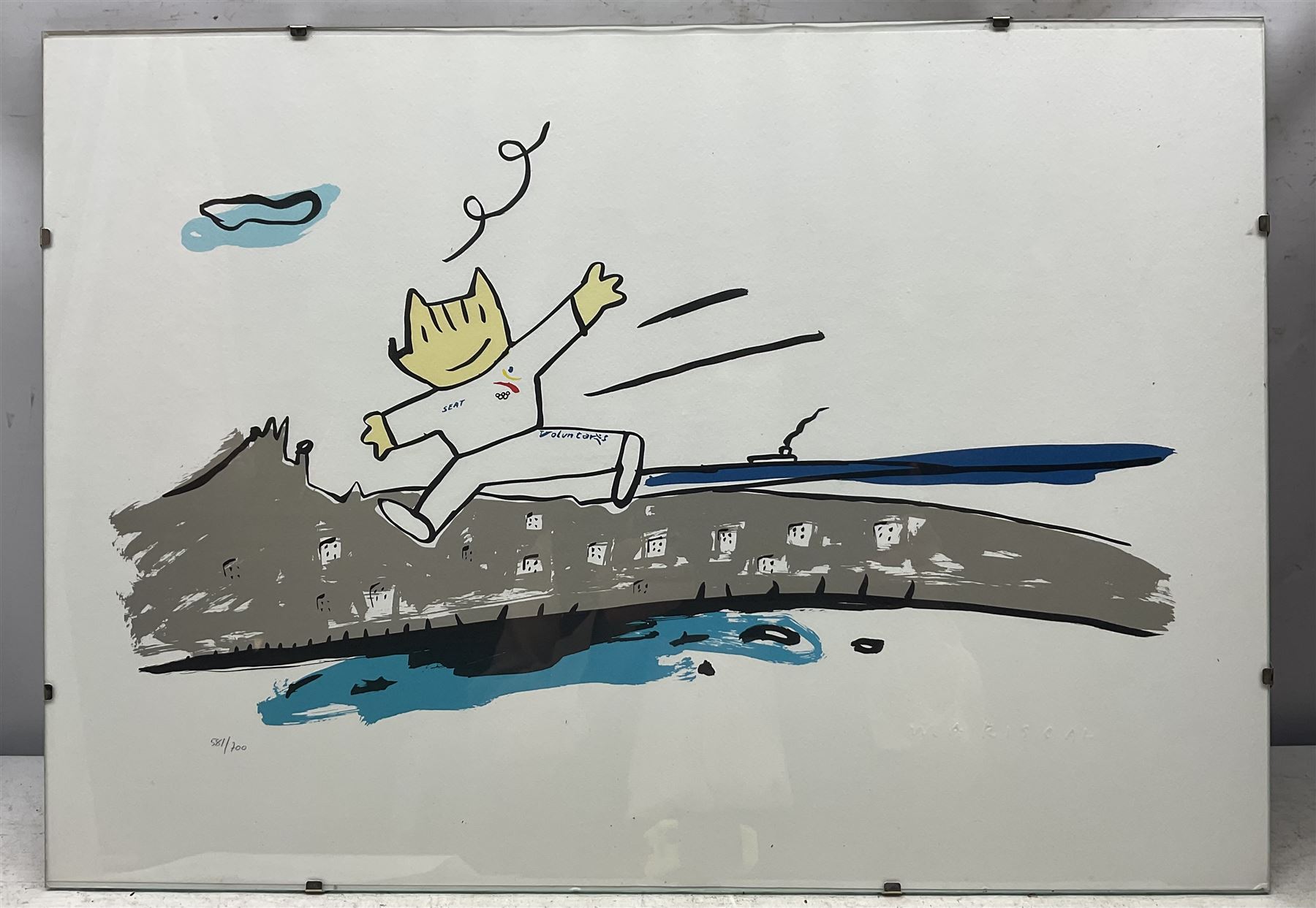 Javier Mariscal (Spanish 1950-): Cobi in Barcelona, set of three limited edition serigraphs embossed with signature and numbered 568, 500 and 581/700 in pencil max 50cm x 60cm 
Notes: Commissioned by SEAT in 1989 on the occasion of the Barcelona 1992 Olympic Games.