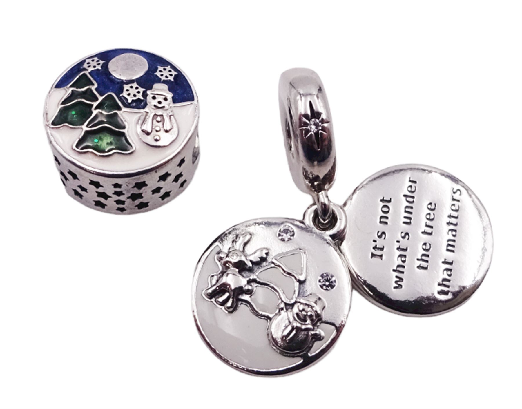Five silver Pandora charms including Pandora shopping bag, Christmas tree, wrapped present, Winter scene, and snowman with reindeer droplet charm, all stamped S925 ALE, with one Pandora box 