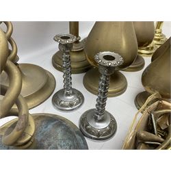 Collection of brassware, to include pair of tall barley twist candlesticks, vases, quantity of coat hooks etc 