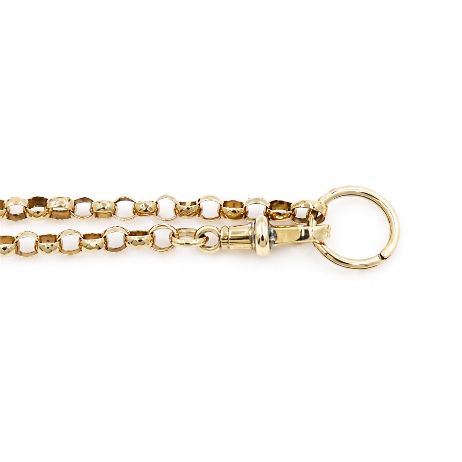 19th / early 20th century gold faceted belcher link guard / necklace chain, with lobster and ring clasp, makers mark B.G