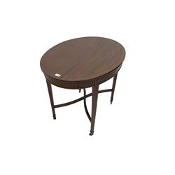 Edwardian inlaid mahogany oval card table, banded top wit satinwood stringing, frieze with foliate inlay, raised on square tapering supports united by curved X-stretcher, on castors