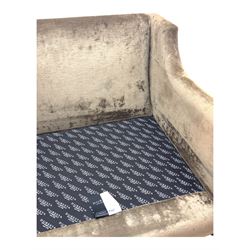 Duresta - three piece 'Finsbury' lounge suite comprising one three-seat sofa, a two-seat sofa and armchair, upholstered in mink coloured velvet, with box seat cushions and deep seat over tapered arms on short stained bun feet (Three seat H 80cm, W 207cm, D105cm, two seat H80cm, W168cm, D105cm, armchair H80cm, W89cm, D105cm)    