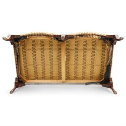 Chippendale design hardwood-framed settee, arched back over rolled arms and serpentine seat, upholstered in striped fabric, on shell and foliate carved cabriole supports with scrolled terminals, together with matching scatter cushions 